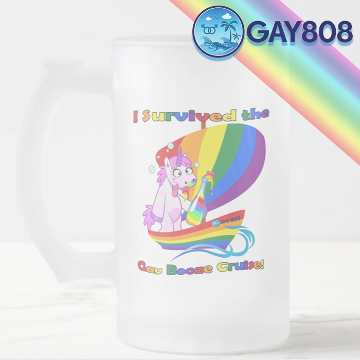 "I Survived the Gay Booze Cruise!" Frosted Glass Beer Mug